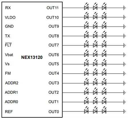 Application Circuit Diagram - Nexperia NEX13120-Q100 Automotive Linear LED Driver